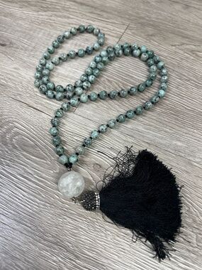 New Handmade Long Glass Bead Marble Glass and Black Tassel Necklace Heavy 22”